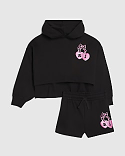 Girls Black Cherry Hoodie And Shorts Set