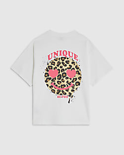 Girls White Leopard Smiley Face T-Shirt