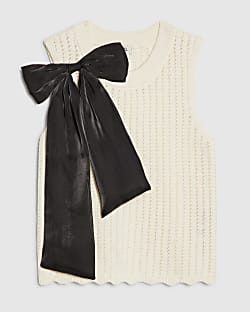 Girls Cream 3D Bow Knitted Tank Top