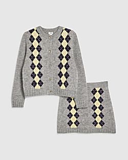 Girls Grey Argyle Cardigan And Skirt Set