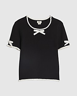 Girls Black Bow Ruffle Trim Knitted T-Shirt