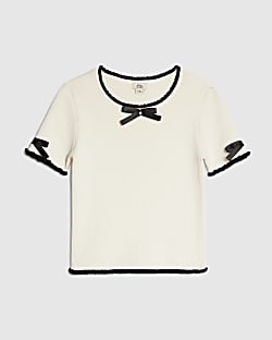 Girls Cream Bow Ruffle Trim Knitted T-Shirt