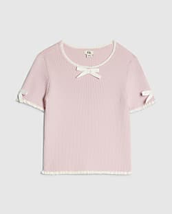 Girls Pink Bow Ruffle Trim Knitted T-Shirt