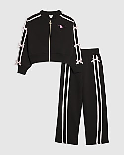 Girls Black Bow Taping Tracksuit Set