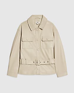 Girls Cream Faux Leather Belted Jacket