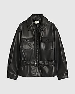Girls Black Faux Leather Belted Jacket