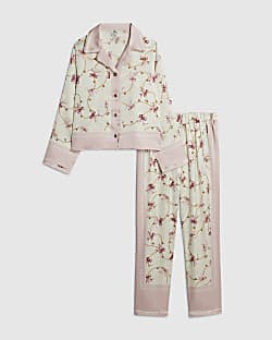 Girls Cream Bow Chain Satin Pyjamas Set