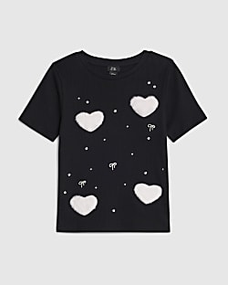 Girls Black Ribbed Faux Fur Heart T-Shirt