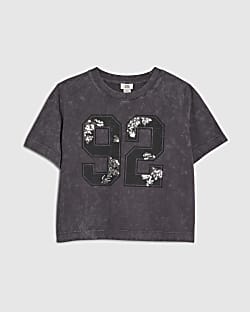 Girls Grey Floral Sequin 92 T-Shirt