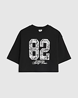 Girls Black Lace Number Crop T-Shirt