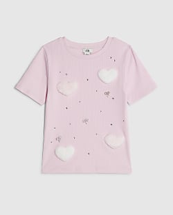 Girls Pink Ribbed Faux Fur Heart T-Shirt