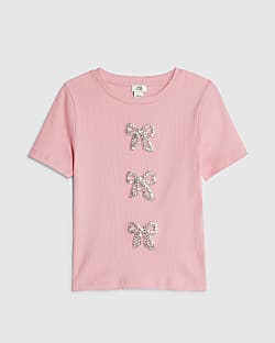 Girls Pink Ribbed Diamante Bow T-Shirt