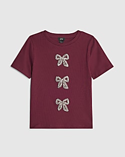 Girls Red Ribbed Diamante Bow T-Shirt