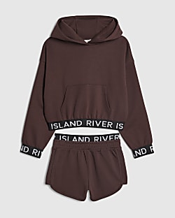 Girls Brown Hoodie And Shorts Set
