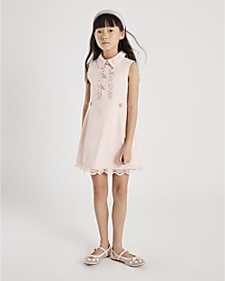 Girls Pink Button Up Embellished Dress