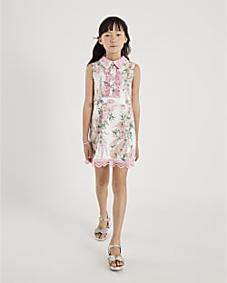 Girls White Collared Floral Lace Dress