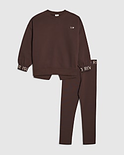 Girls Brown Split Back Sweatshirt Set