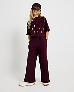 Girls Red Studded Wide Joggers
