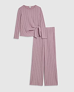 Girls Pink Cosy Rib Wide Leg Trousers Set