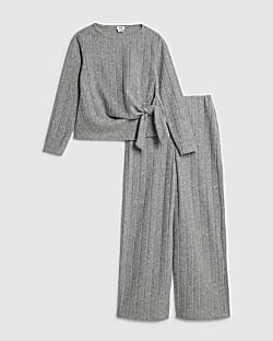 Girls Grey Cosy Ribbed Wide Leg Trousers Set