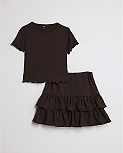 Girls Brown Textured Rara Skirt Set