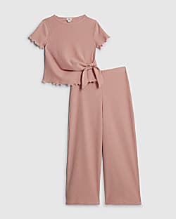 Girls Pink Textured Knot T-Shirt Set