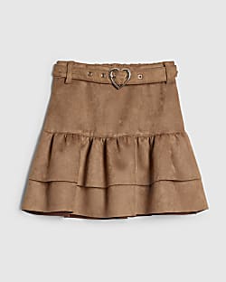 Girls Brown Faux Suede Belted Skirt