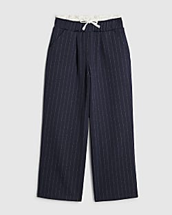 Girls Navy Pinstripe Wide Leg Trousers