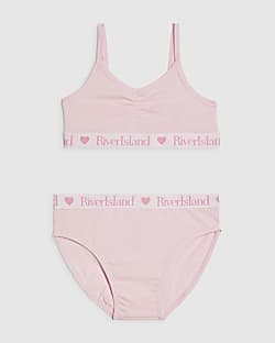 Girls Pink Ruched Crop Top And Brief Set