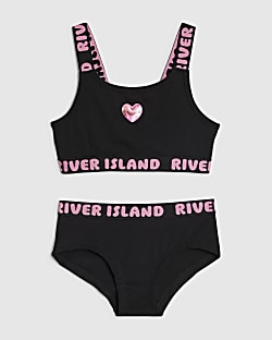 Girls Black Strappy Crop Top And Brief Set