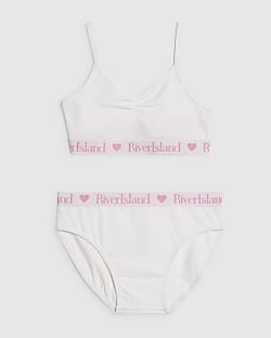 Girls White Ruched Crop Top And Brief Set