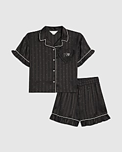 Girls Black Embellished Satin Pyjamas