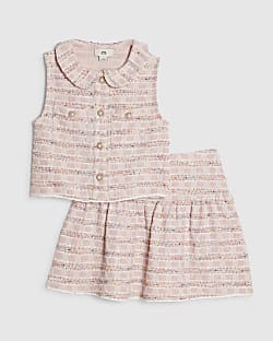 Girls Pink Boucle Skirt Set