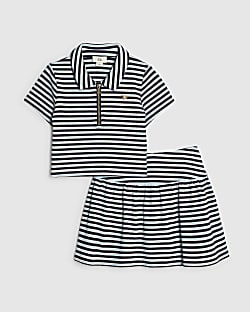 Girls Blue Stripe Polo Shirt And Skirt Set
