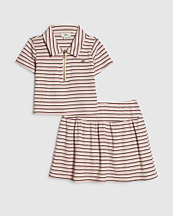 Girls Pink Stripe Polo Shirt And Skirt Set