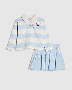 Mini Girls Blue Stripe Polo Shirt Set