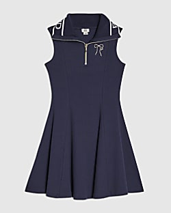 Girls Navy Oversized Collar Dress