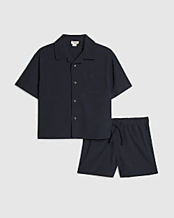 Mini Boys Navy Textured Shirt Set