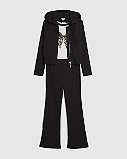 Girls Black Bow Ribbed Hoodie 3 Piece Set