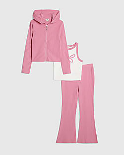 Girls Pink Bow Ribbed 3 Piece Set