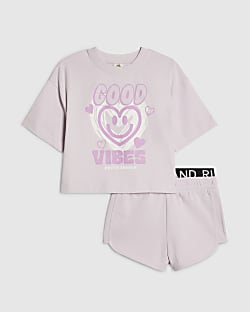 Girls Purple Smiley T-Shirt and Shorts Set