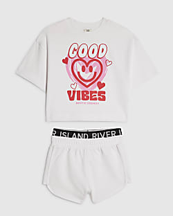 Girls White Good Vibes Smiley T-Shirt Set