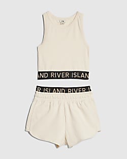 Girls Cream Tank Top And Shorts Set