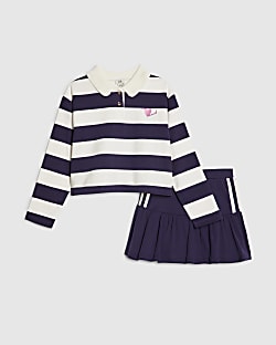 Girls Navy Stripe Polo Shirt And Skort Set