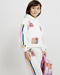 Girls White Badge Hoodie Tracksuit Set