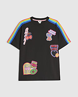 Girls Black Badges Rainbow Stripe T-Shirt