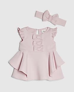 Baby Girls Pink Frill Sleeve Bow Dress Set