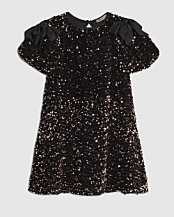 Girls Brown Sequin Bow Dress