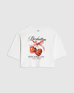 Girls White Manhattan Cherry Crop Top