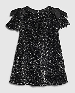 Girls Black Sequin Bow Dress